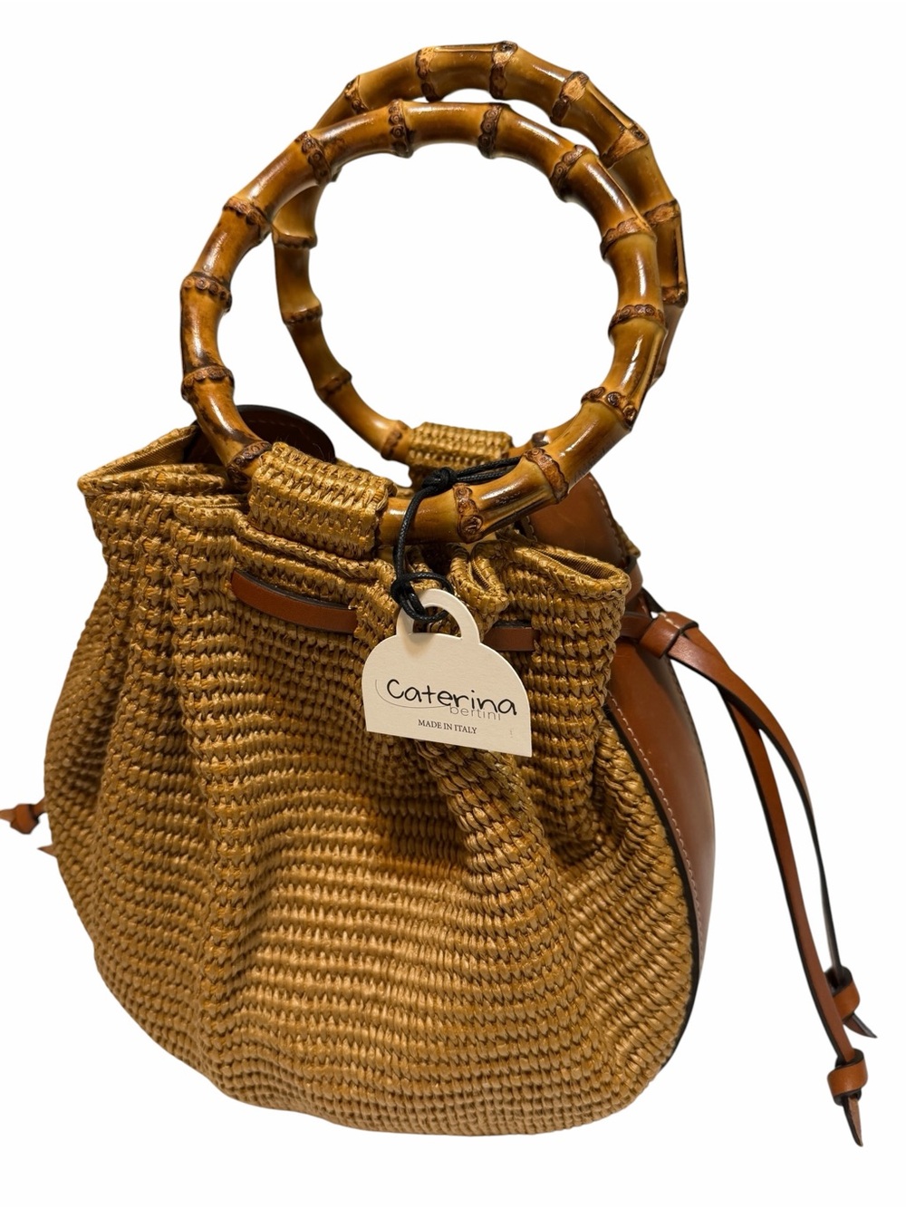 NWT CATERINA BERTINI Made in Italy Bamboo Handle Woven Bucket Bag Leather Trim